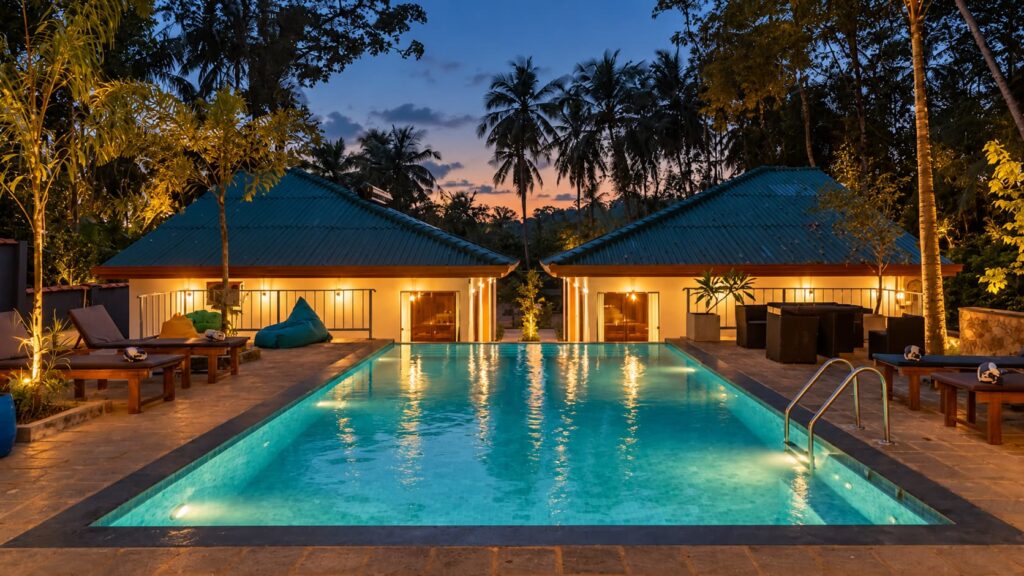 Pool and villa front at Arice Eco Villa, Unawatuna